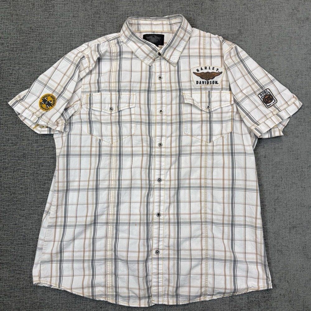 Harley Davidson Shirt Men's 2XL Multi Patch White‎ Plaid Short Sleeve Button #1